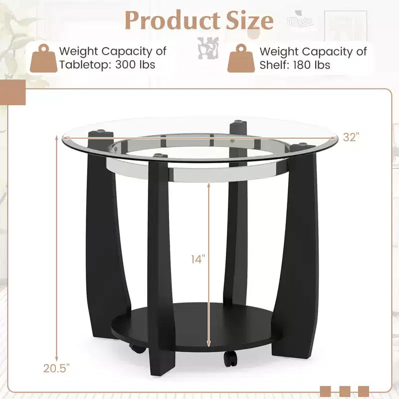 32-Inch 2-Tier Round Glass Coffee Table with Wheels and Storage Shelf
