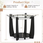32-Inch 2-Tier Round Glass Coffee Table with Wheels and Storage Shelf
