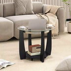 32-Inch 2-Tier Round Glass Coffee Table with Wheels and Storage Shelf