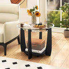 32-Inch 2-Tier Round Glass Coffee Table with Wheels and Storage Shelf