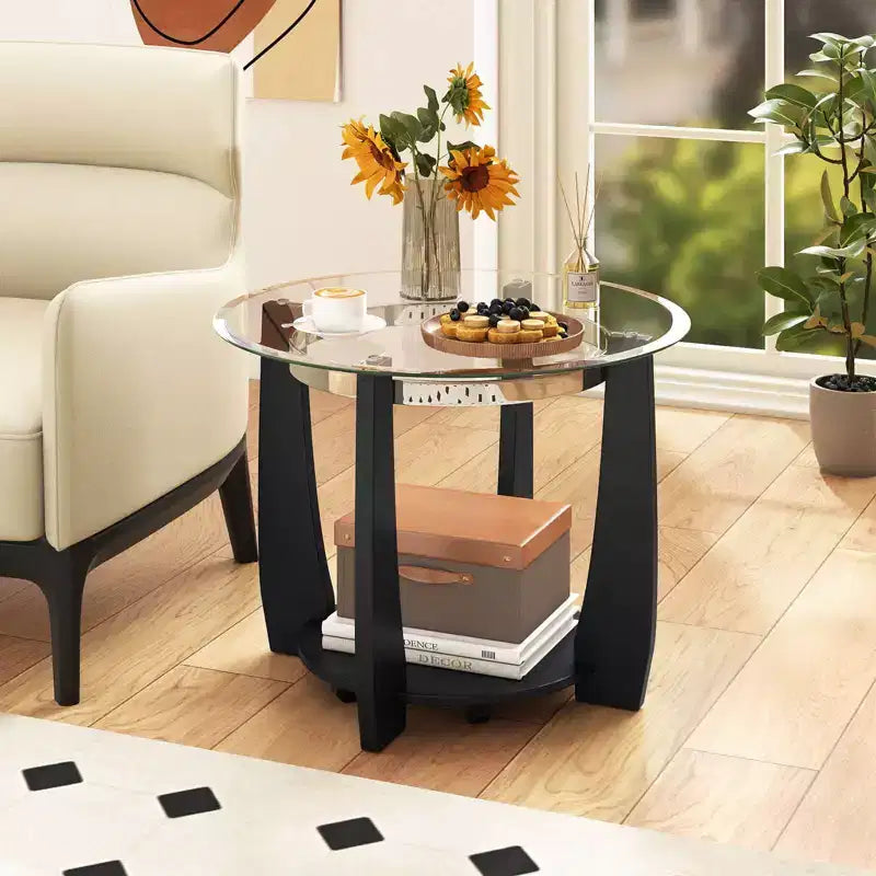 32-Inch 2-Tier Round Glass Coffee Table with Wheels and Storage Shelf