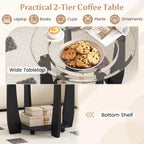 32-Inch 2-Tier Round Glass Coffee Table with Wheels and Storage Shelf