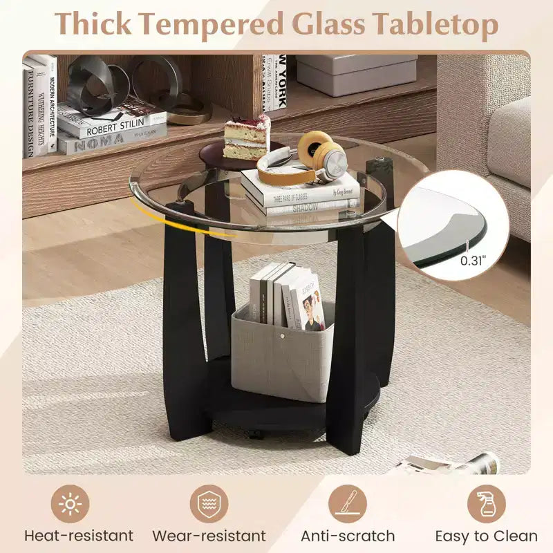 32-Inch 2-Tier Round Glass Coffee Table with Wheels and Storage Shelf