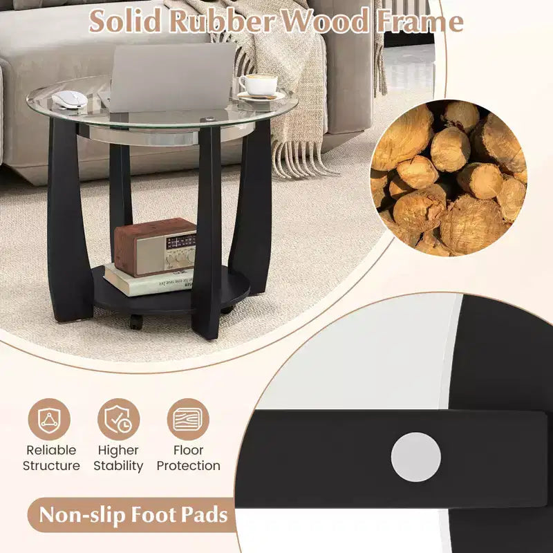 32-Inch 2-Tier Round Glass Coffee Table with Wheels and Storage Shelf