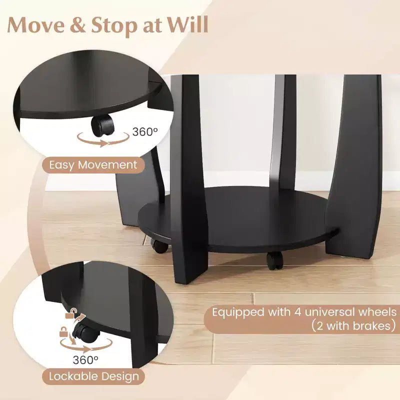 32-Inch 2-Tier Round Glass Coffee Table with Wheels and Storage Shelf