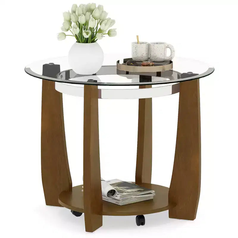 32-Inch 2-Tier Round Glass Coffee Table with Wheels and Storage Shelf
