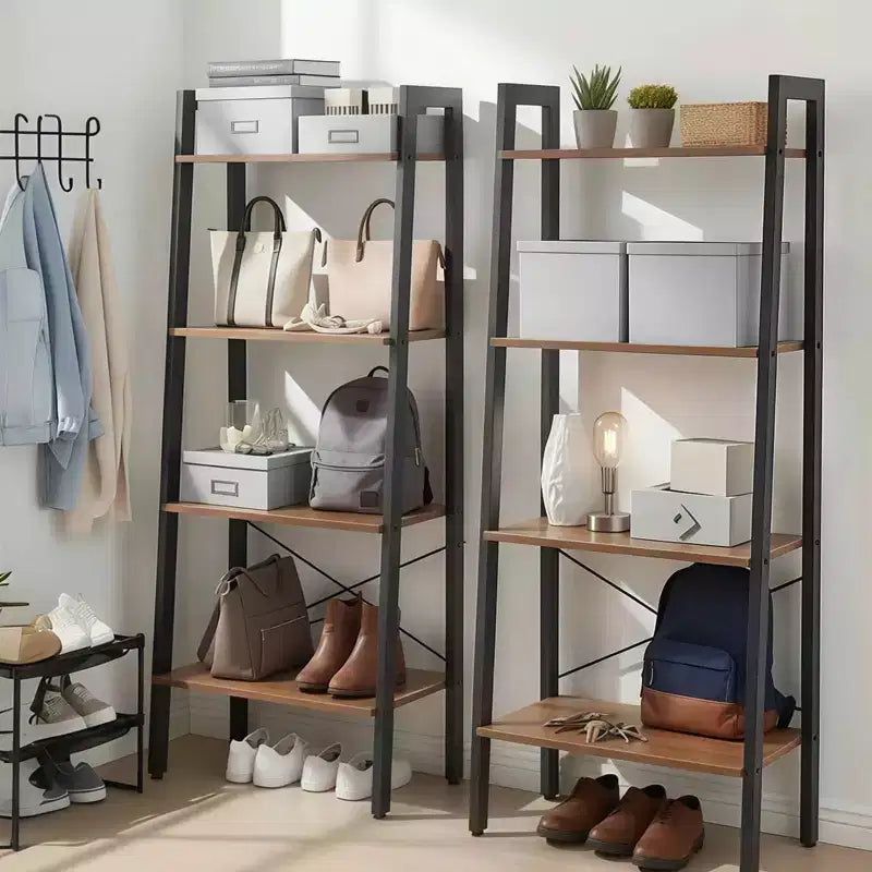 4-Tier Industrial Ladder Shelf, Leaning Bookcase Storage and Display