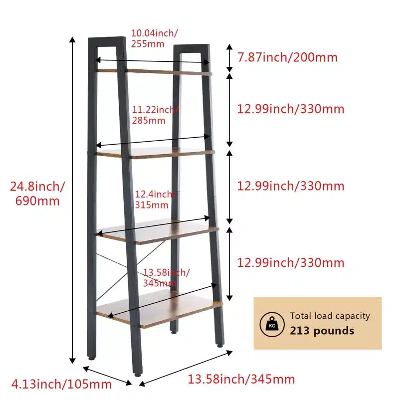 4-Tier Industrial Ladder Shelf, Leaning Bookcase Storage and Display