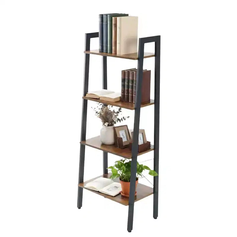 4-Tier Industrial Ladder Shelf, Leaning Bookcase Storage and Display