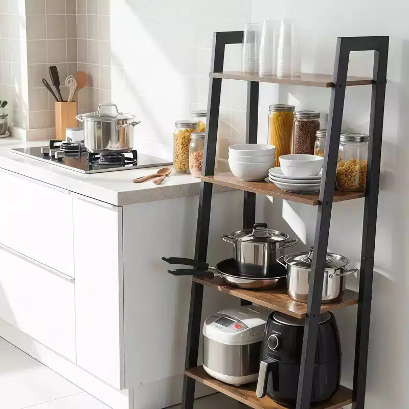 4-Tier Industrial Ladder Shelf, Leaning Bookcase Storage and Display