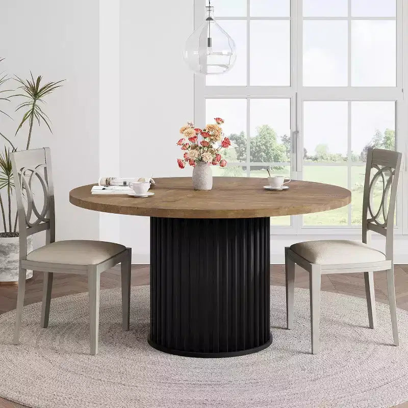47-Inch Round Dining Table for 4-6, Wave-Shape Metal Base