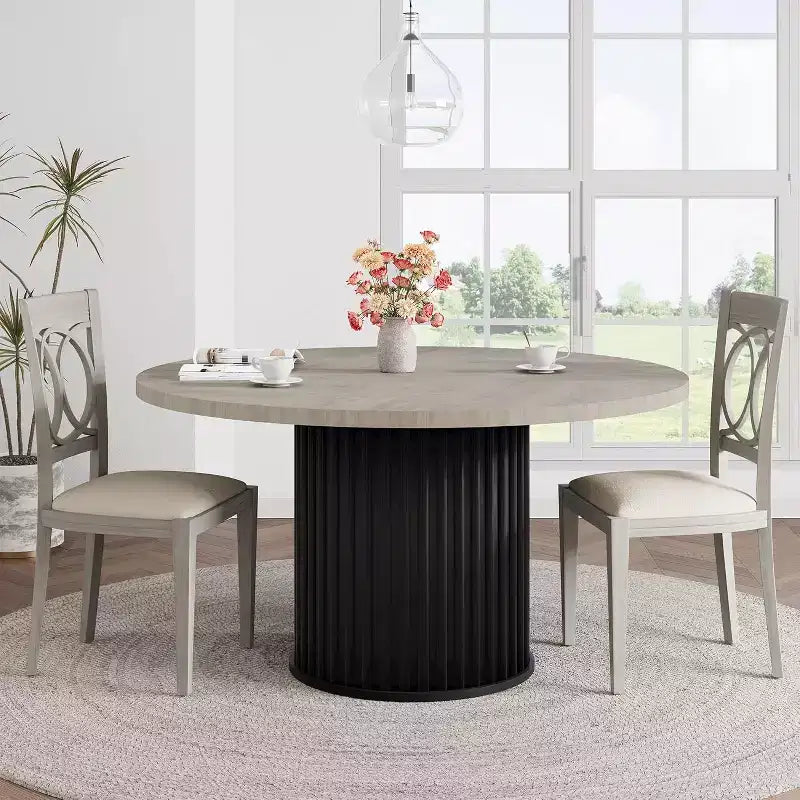 47-Inch Round Dining Table for 4-6, Wave-Shape Metal Base