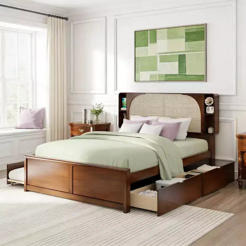 Luxystar Queen Size Rattan Headboard Platform Bed with 4 Storage Compartment, 2 Drawers and Trundle, Walnut