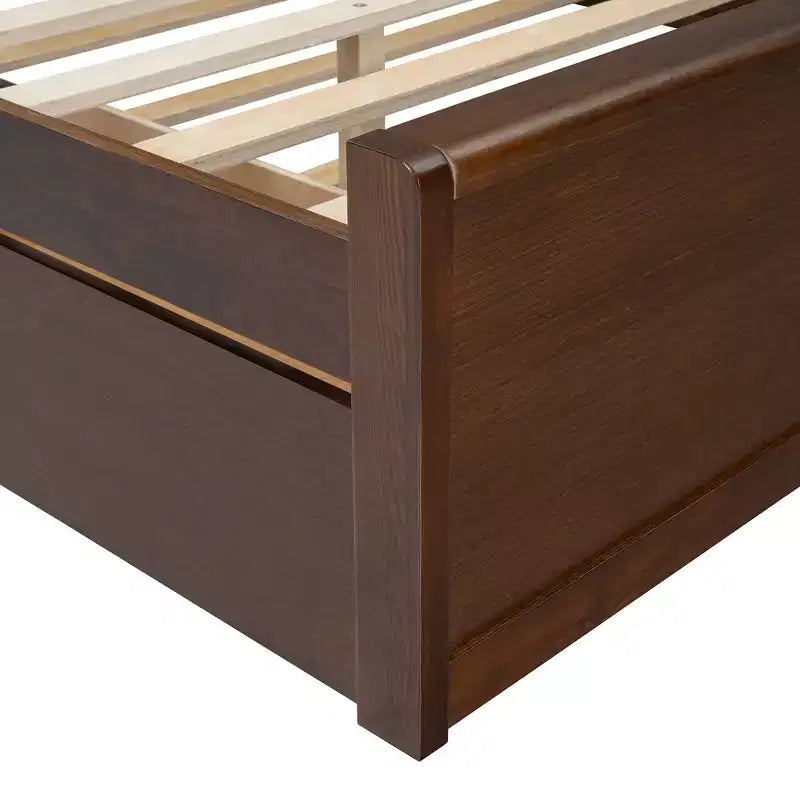 Luxystar Queen Size Rattan Headboard Platform Bed with 4 Storage Compartment, 2 Drawers and Trundle, Walnut