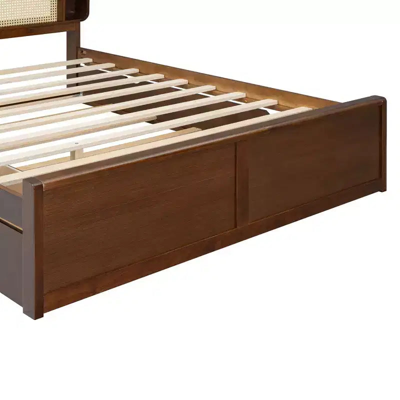 Luxystar Queen Size Rattan Headboard Platform Bed with 4 Storage Compartment, 2 Drawers and Trundle, Walnut