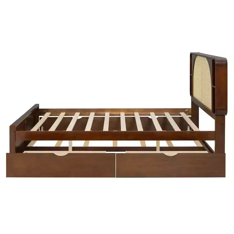 Luxystar Queen Size Rattan Headboard Platform Bed with 4 Storage Compartment, 2 Drawers and Trundle, Walnut