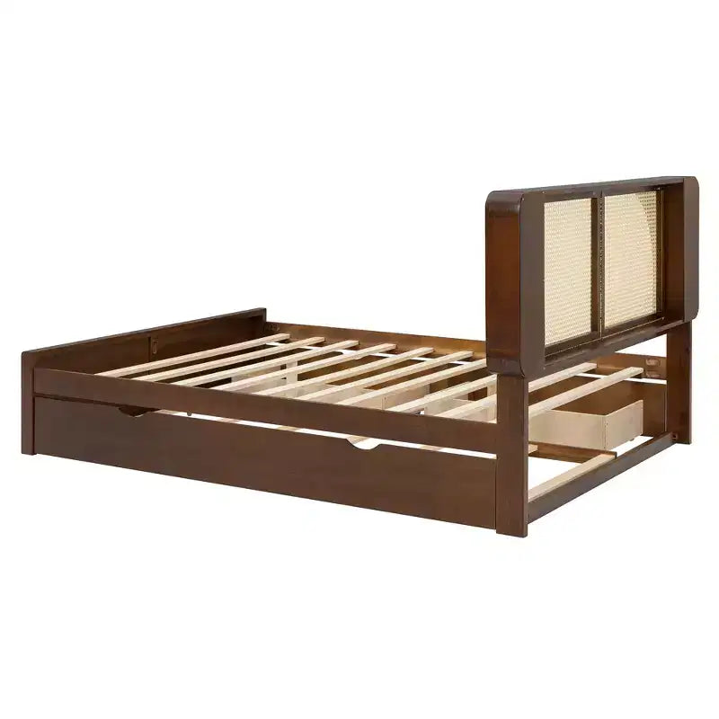 Luxystar Queen Size Rattan Headboard Platform Bed with 4 Storage Compartment, 2 Drawers and Trundle, Walnut