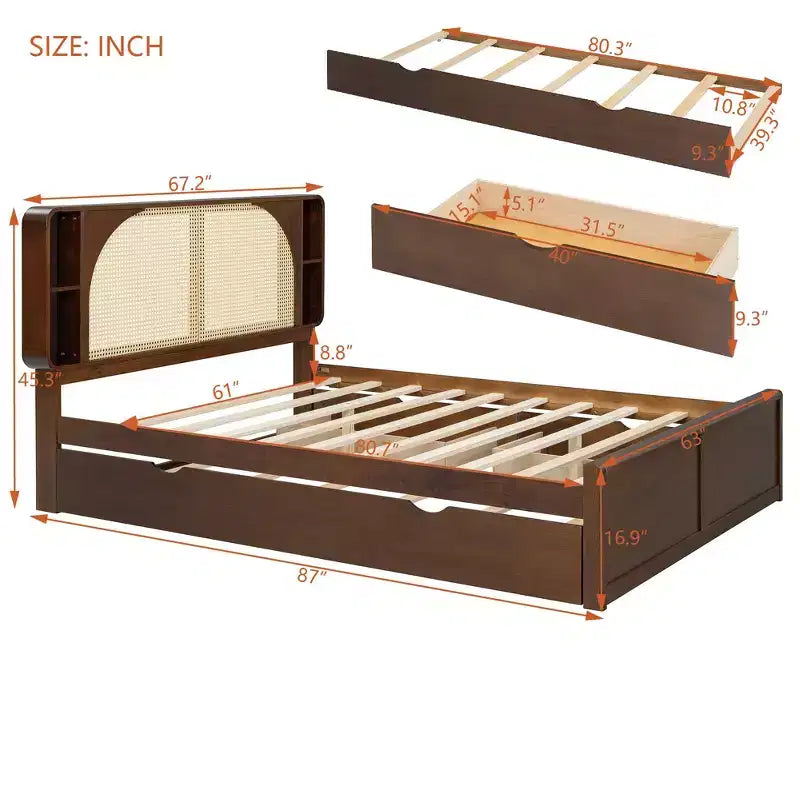 Luxystar Queen Size Rattan Headboard Platform Bed with 4 Storage Compartment, 2 Drawers and Trundle, Walnut