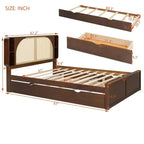 Luxystar Queen Size Rattan Headboard Platform Bed with 4 Storage Compartment, 2 Drawers and Trundle, Walnut