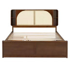 Luxystar Queen Size Rattan Headboard Platform Bed with 4 Storage Compartment, 2 Drawers and Trundle, Walnut
