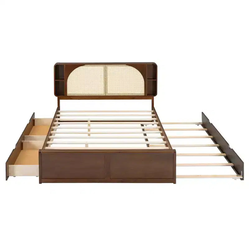 Luxystar Queen Size Rattan Headboard Platform Bed with 4 Storage Compartment, 2 Drawers and Trundle, Walnut