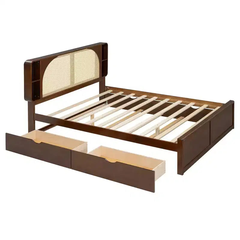 Luxystar Queen Size Rattan Headboard Platform Bed with 4 Storage Compartment, 2 Drawers and Trundle, Walnut