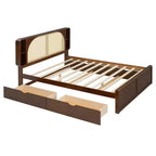 Luxystar Queen Size Rattan Headboard Platform Bed with 4 Storage Compartment, 2 Drawers and Trundle, Walnut