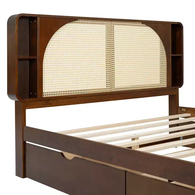 Luxystar Queen Size Rattan Headboard Platform Bed with 4 Storage Compartment, 2 Drawers and Trundle, Walnut