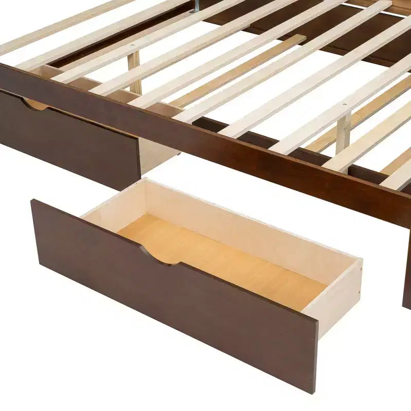 Luxystar Queen Size Rattan Headboard Platform Bed with 4 Storage Compartment, 2 Drawers and Trundle, Walnut