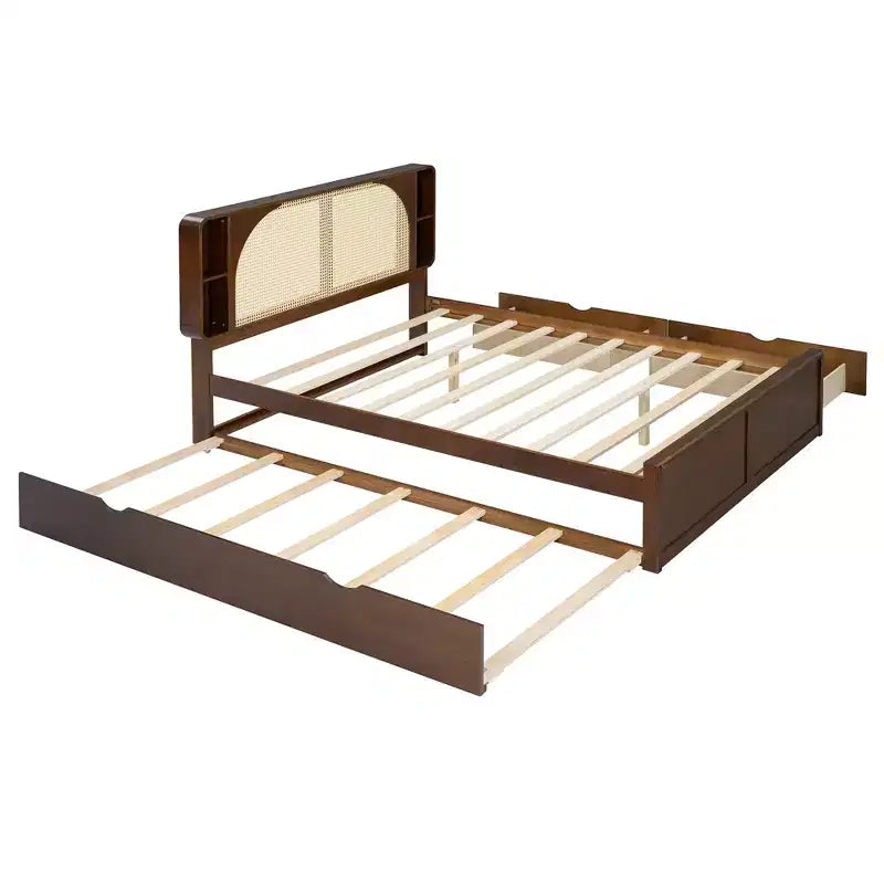 Luxystar Queen Size Rattan Headboard Platform Bed with 4 Storage Compartment, 2 Drawers and Trundle, Walnut