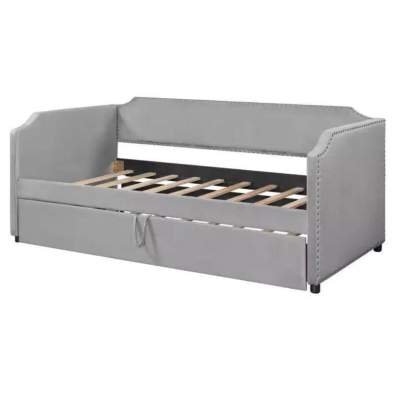 Zeus & Ruta Twin Velvet Upholstered Daybed with Pop Up Trundle & Nailhead Trim