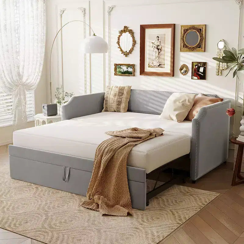 Zeus & Ruta Twin Velvet Upholstered Daybed with Pop Up Trundle & Nailhead Trim