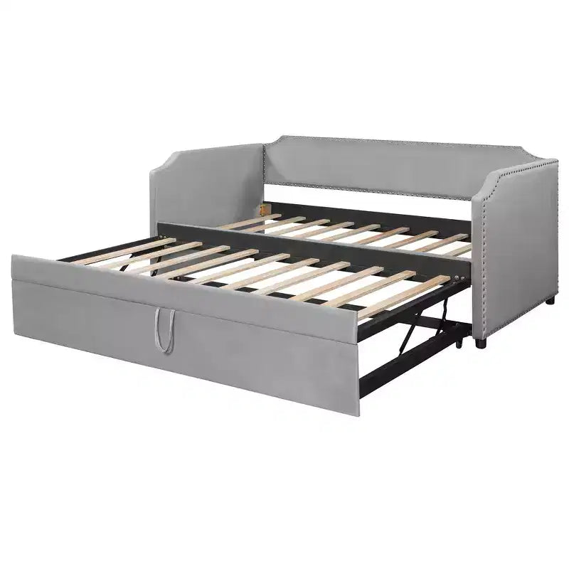 Zeus & Ruta Twin Velvet Upholstered Daybed with Pop Up Trundle & Nailhead Trim
