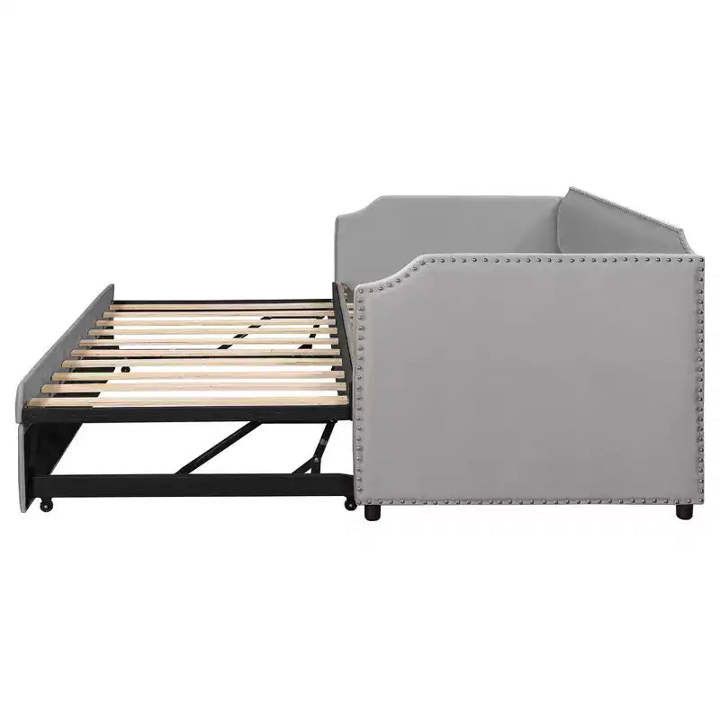 Zeus & Ruta Twin Velvet Upholstered Daybed with Pop Up Trundle & Nailhead Trim
