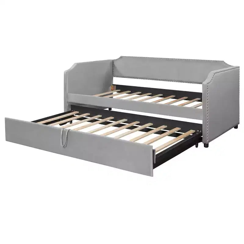 Zeus & Ruta Twin Velvet Upholstered Daybed with Pop Up Trundle & Nailhead Trim