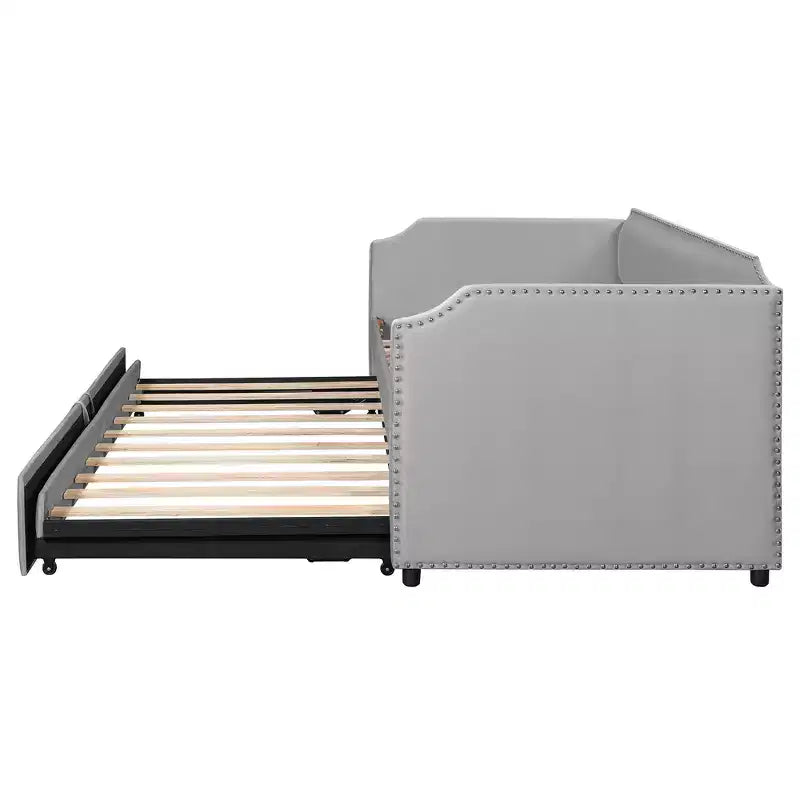 Zeus & Ruta Twin Velvet Upholstered Daybed with Pop Up Trundle & Nailhead Trim