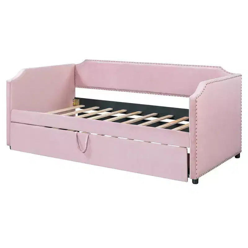 Zeus & Ruta Twin Velvet Upholstered Daybed with Pop Up Trundle & Nailhead Trim