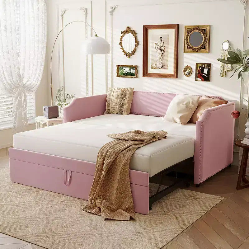 Zeus & Ruta Twin Velvet Upholstered Daybed with Pop Up Trundle & Nailhead Trim