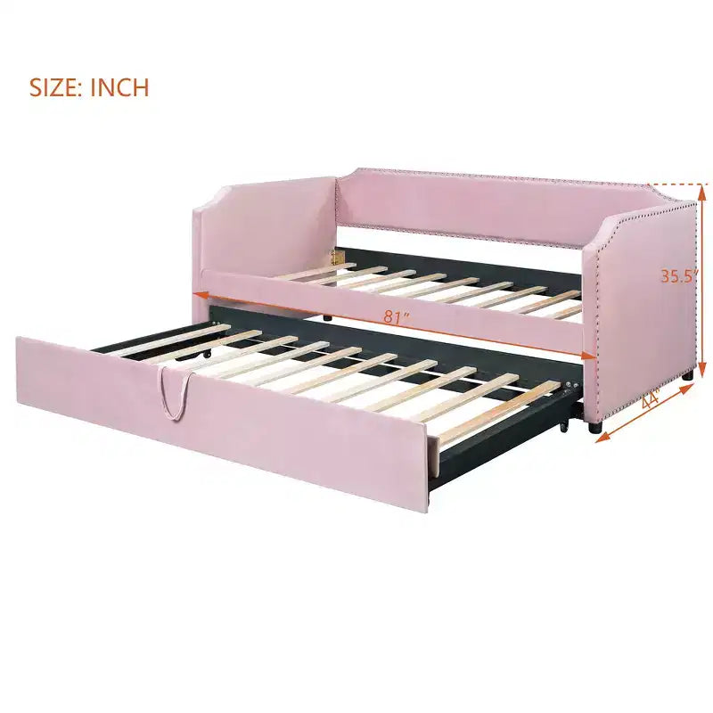 Zeus & Ruta Twin Velvet Upholstered Daybed with Pop Up Trundle & Nailhead Trim