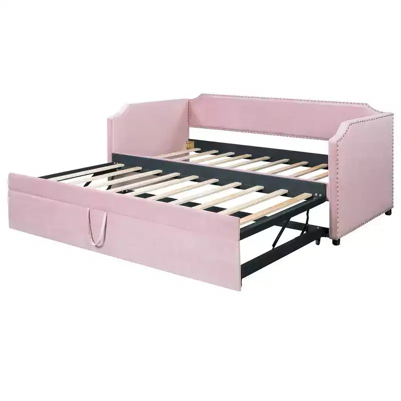 Zeus & Ruta Twin Velvet Upholstered Daybed with Pop Up Trundle & Nailhead Trim