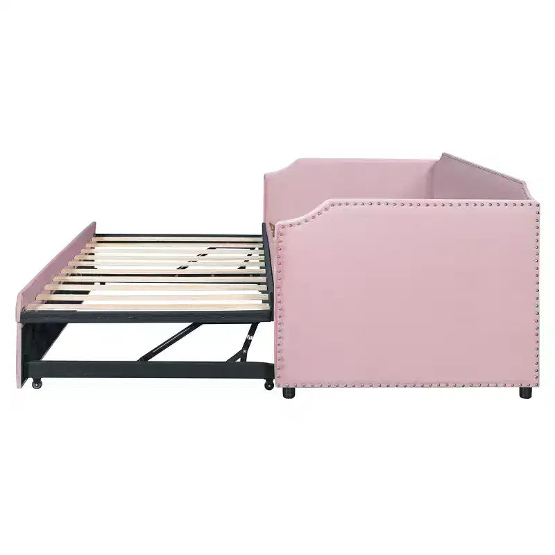Zeus & Ruta Twin Velvet Upholstered Daybed with Pop Up Trundle & Nailhead Trim