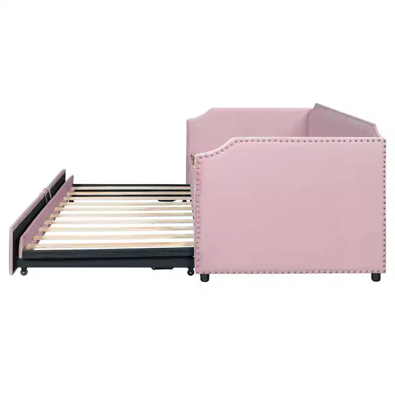 Zeus & Ruta Twin Velvet Upholstered Daybed with Pop Up Trundle & Nailhead Trim