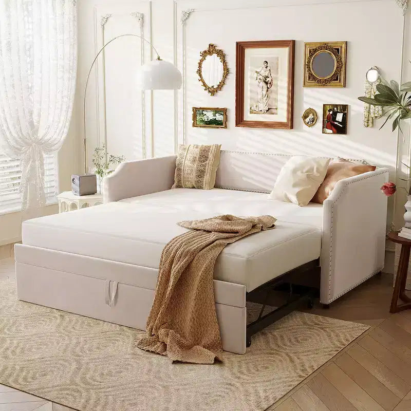 Zeus & Ruta Twin Velvet Upholstered Daybed with Pop Up Trundle & Nailhead Trim