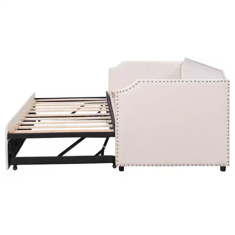 Zeus & Ruta Twin Velvet Upholstered Daybed with Pop Up Trundle & Nailhead Trim