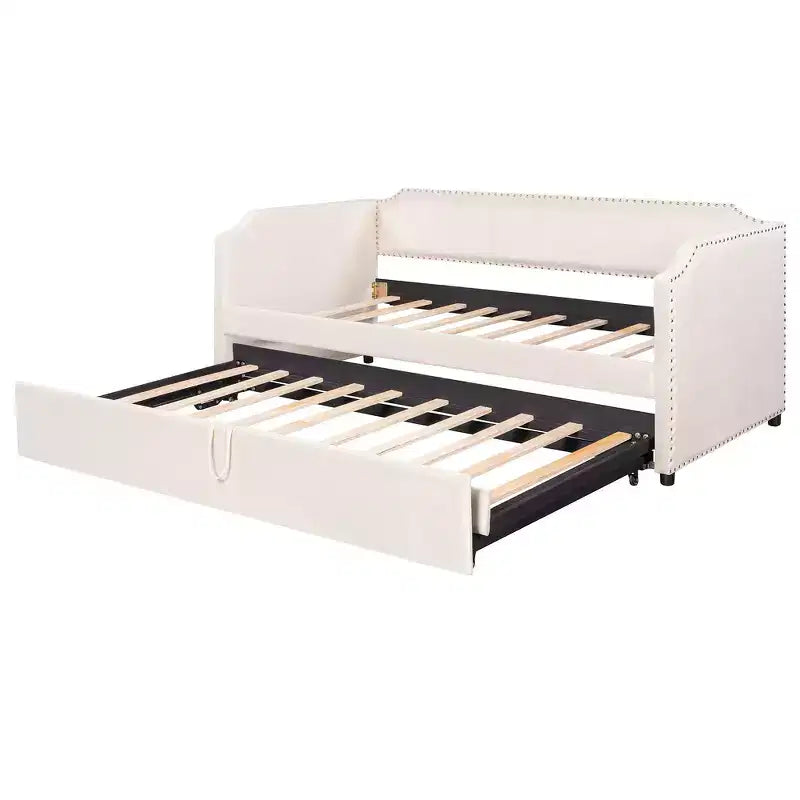 Zeus & Ruta Twin Velvet Upholstered Daybed with Pop Up Trundle & Nailhead Trim