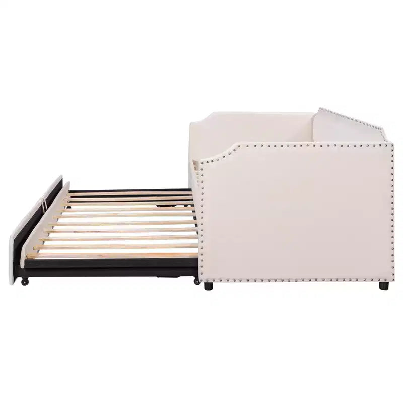 Zeus & Ruta Twin Velvet Upholstered Daybed with Pop Up Trundle & Nailhead Trim