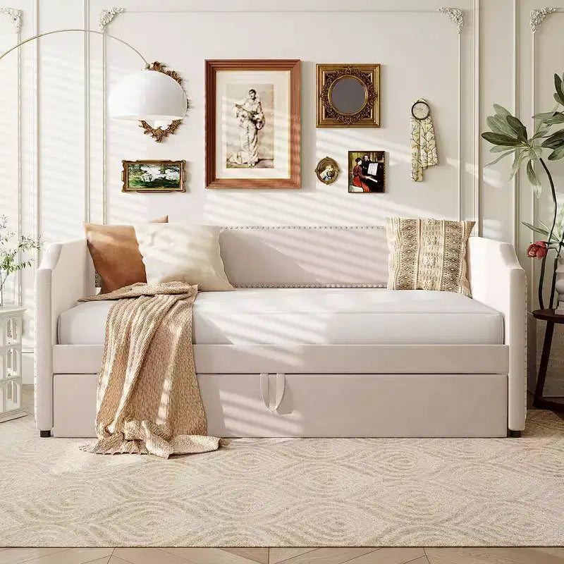 Zeus & Ruta Twin Velvet Upholstered Daybed with Pop Up Trundle & Nailhead Trim