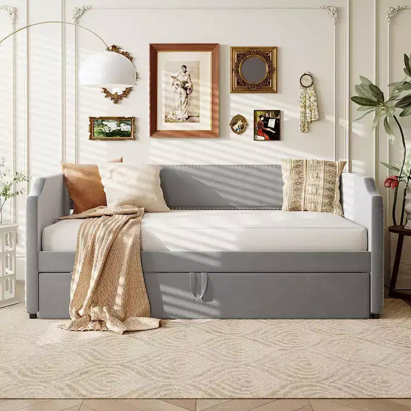 Zeus & Ruta Twin Velvet Upholstered Daybed with Pop Up Trundle & Nailhead Trim
