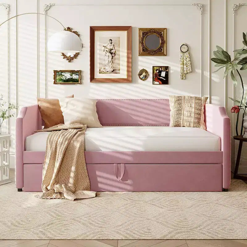 Zeus & Ruta Twin Velvet Upholstered Daybed with Pop Up Trundle & Nailhead Trim