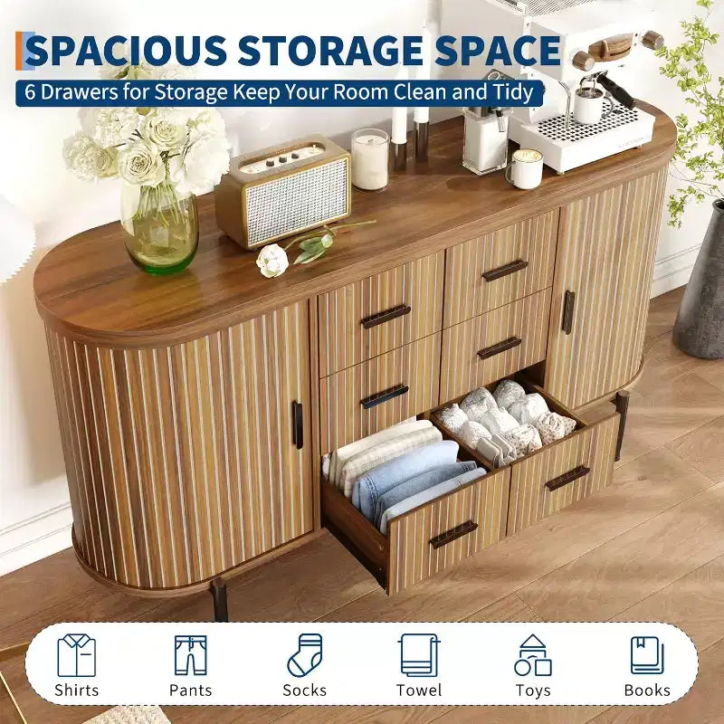 Side cabinet-style buffet cabinet, storage cabinet, living room/kitchen furniture with 6 drawers and 2 sliding doors, made of walnut wood